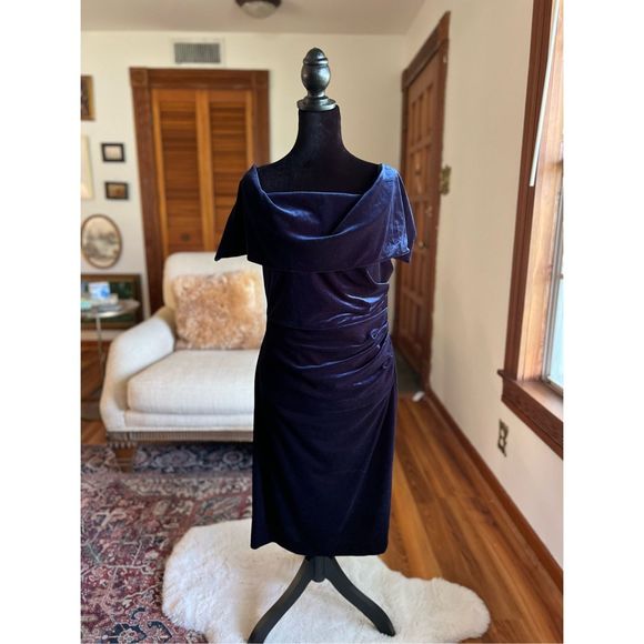 Vince Camuto Blue Velvet Off Shoulder Midi Dress 12 - Picture 4 of 9